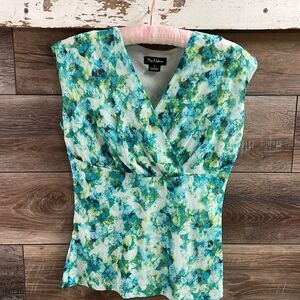 Nue Options Layerd Vneck Blouse,Size Small, Abstract Design,Green, Blue, White